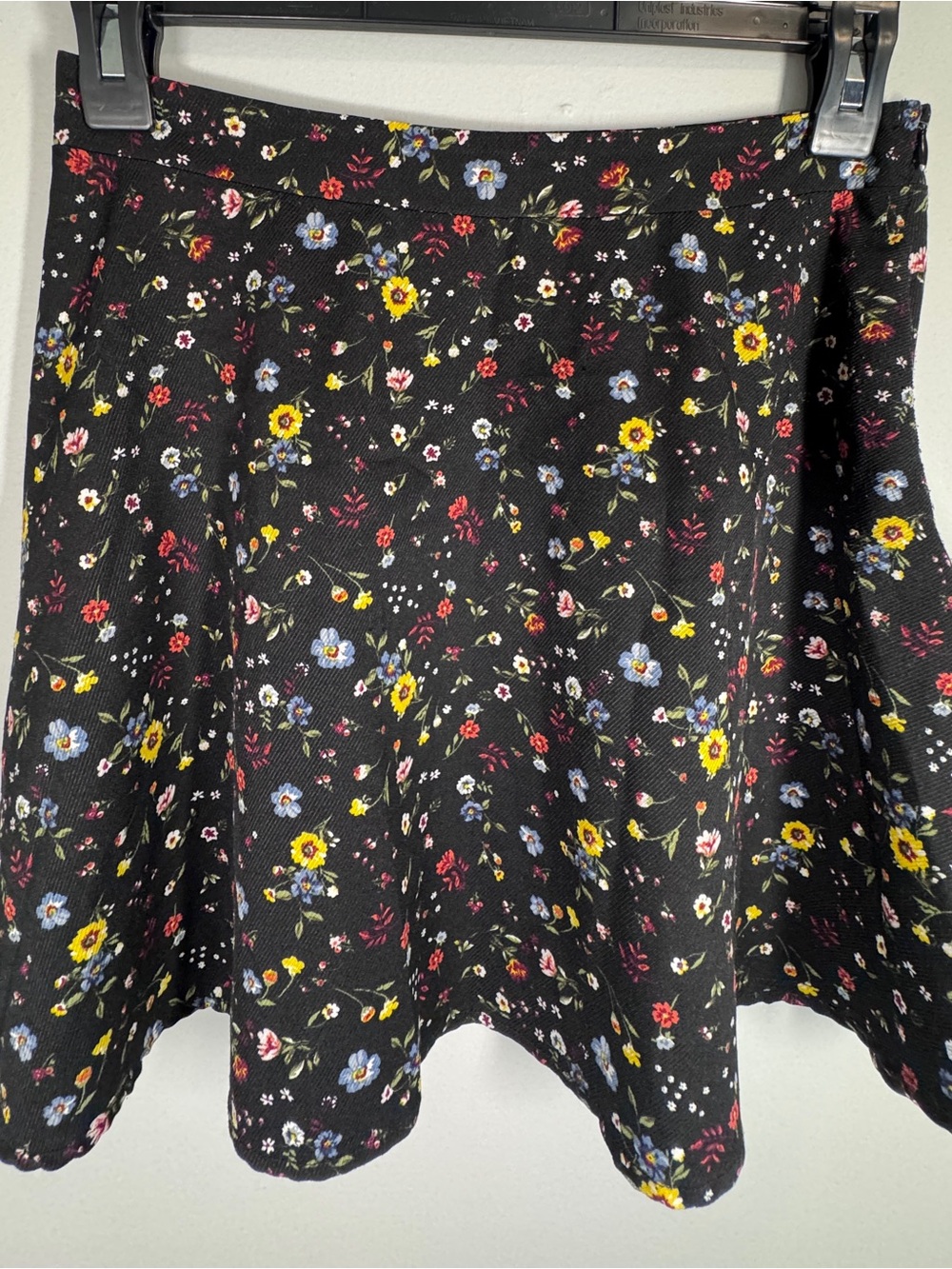 Floral A-Line Mini Skirt - Black with Yellow & Blue Flowers